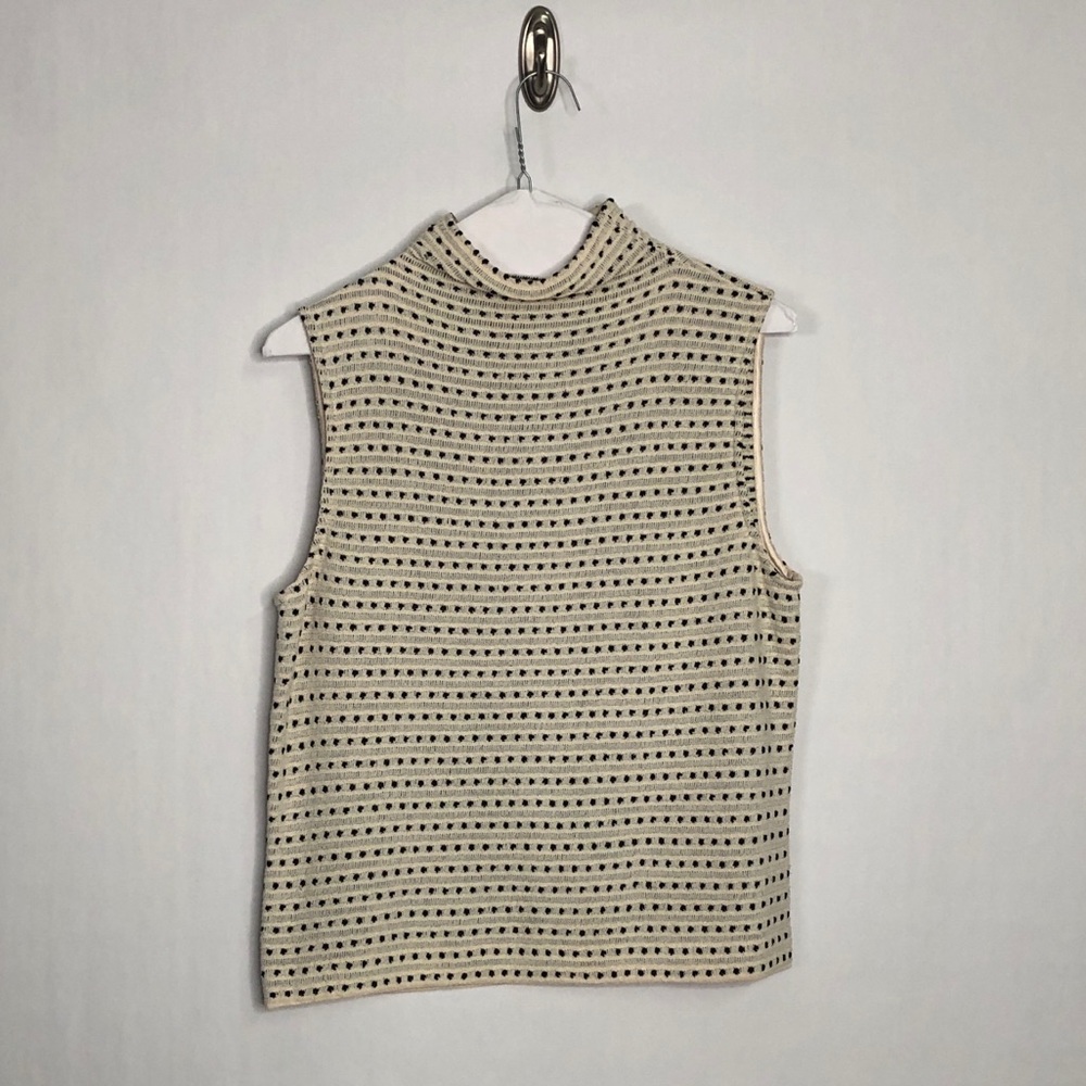 St.John Black and White Sleeveless Mock Neck polka dot Top
